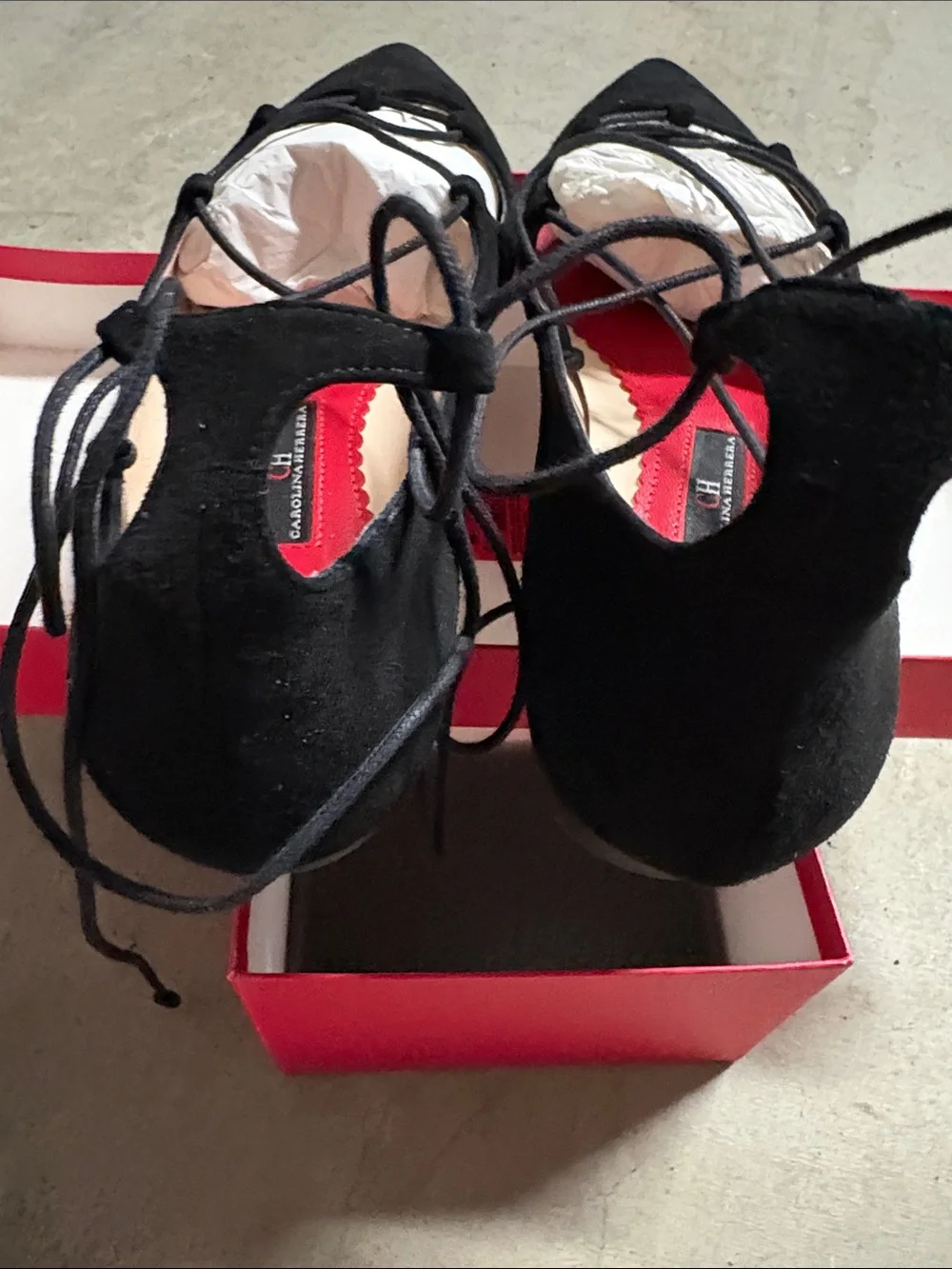 Carolina Herrera Black Suede Lace-Up Pointed Toe Flats with Red Insole